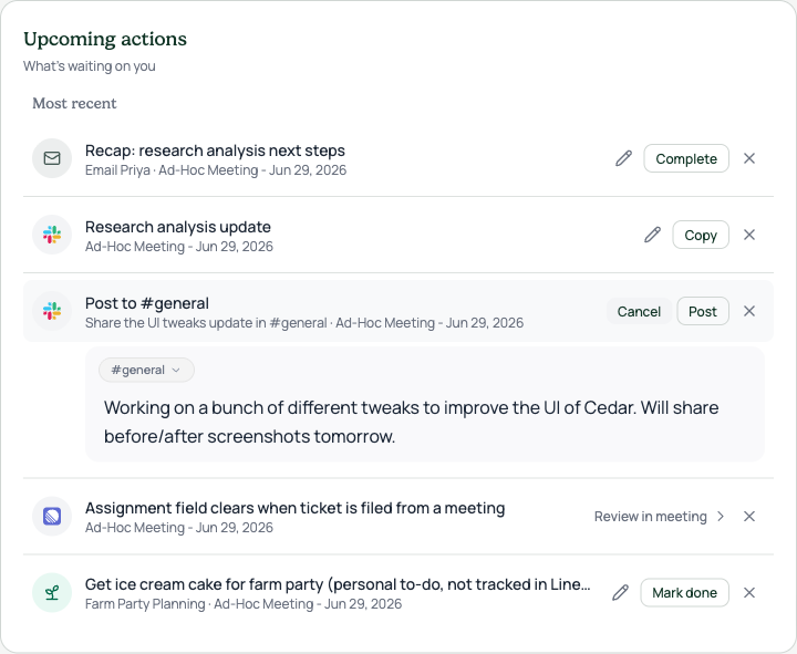 Slack proposal expanded · soft inset panel, single logo, channel pill, Cancel replaces the pencil while open